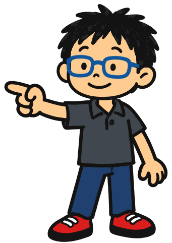 Theo, wearing his blue glasses, points toward the story introduction